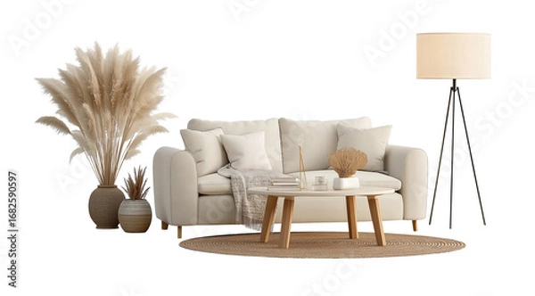 Fototapeta  sofa, coffee table, and floor lamp with a cristmass tree  on a white background. scandinavian home interior design of a modern living room for a mockup stock photo. minimalist furniture, elegant
