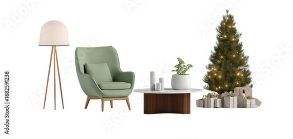 Fototapeta  sofa, coffee table, and floor lamp with a cristmass tree  on a white background. scandinavian home interior design of a modern living room for a mockup stock photo. minimalist furniture, elegant