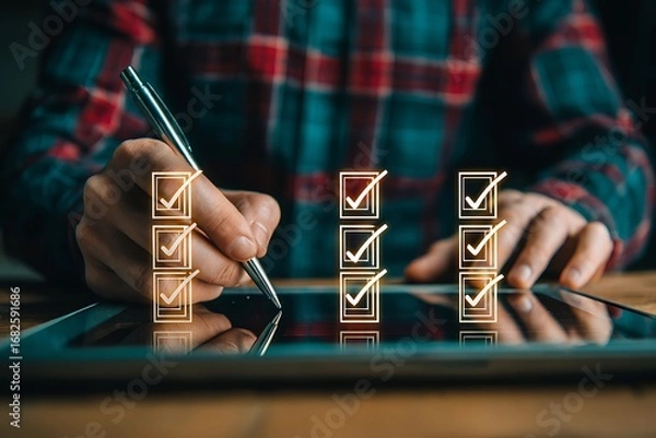 Fototapeta Online survey and assessment interface with interactive checkboxes and digital forms, perfect for e-learning, user feedback, and remote evaluations in a modern virtual workspace.