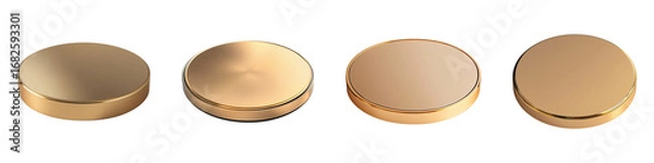 Fototapeta Several golden metallic round discs are displayed, demonstrating shiny materials, shown on transparent background
