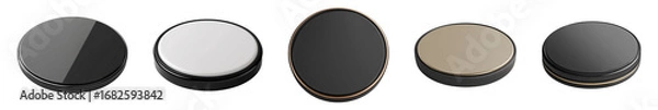 Fototapeta Diverse round lids featuring black, white, and golden colors are elegantly arranged on transparent background