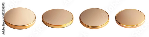 Fototapeta Four circular compacts with gold trim reflect light beautifully in a row on transparent background