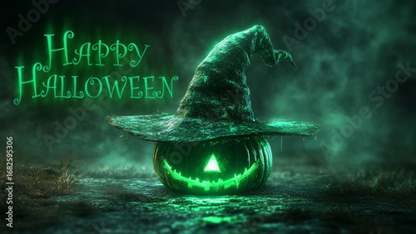 Fototapeta Halloween pumpkin with witch hat and glowing face in eerie setting at night