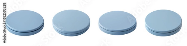 Fototapeta Four light blue circular containers are neatly aligned horizontally on transparent background