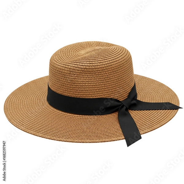 Fototapeta Straw wide-brimmed hat with black ribbon isolated on transparent background