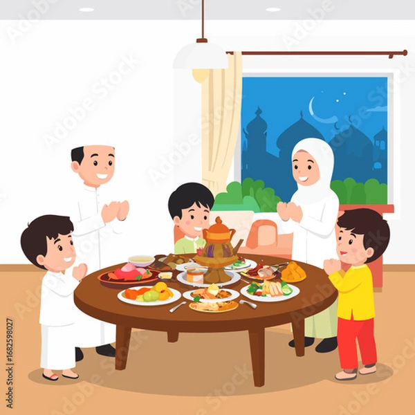Fototapeta A joyous Muslim family with children saying a prayer of gratitude before enjoying their Iftar meal during Ramadan celebrations