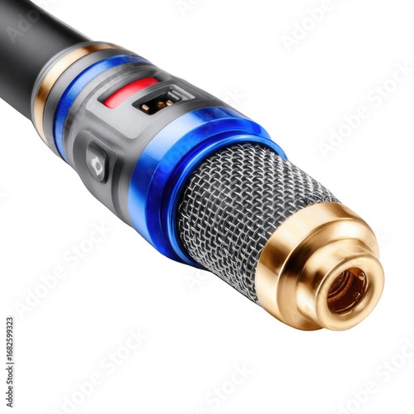 Obraz Close-Up View of Modern Microphone with Mesh Grill and Glossy Finish for Recording and Broadcasting
