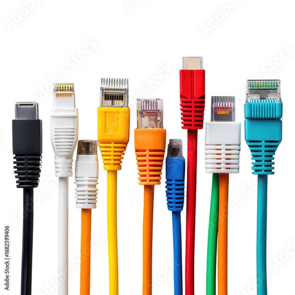 Obraz Collection of Different Ethernet Cables in Various Colors and Styles Isolated on a White Background