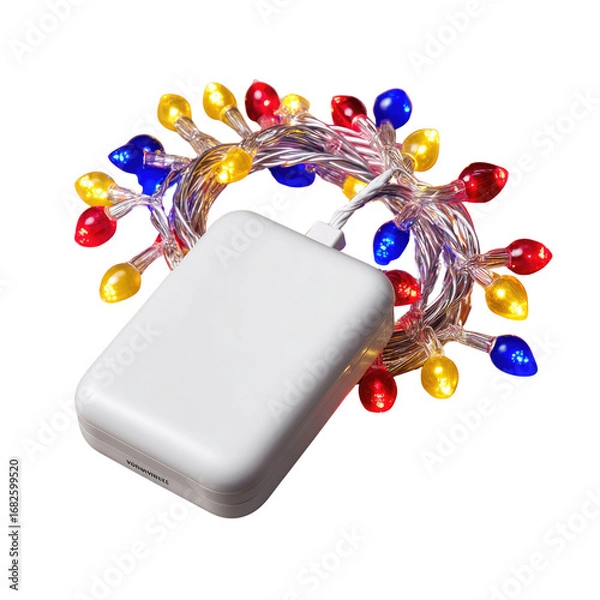 Obraz Colorful Holiday Lights Wrapped Around Portable Power Bank for Festive Decoration and Convenience