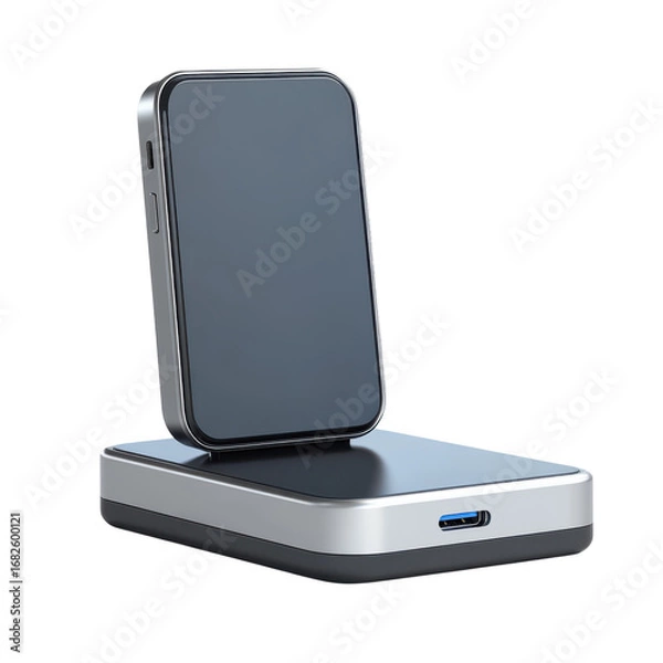 Fototapeta Smartphone charging wirelessly on a sleek silver and black charging pad against a showcasing modern technology and convenience on transparent background