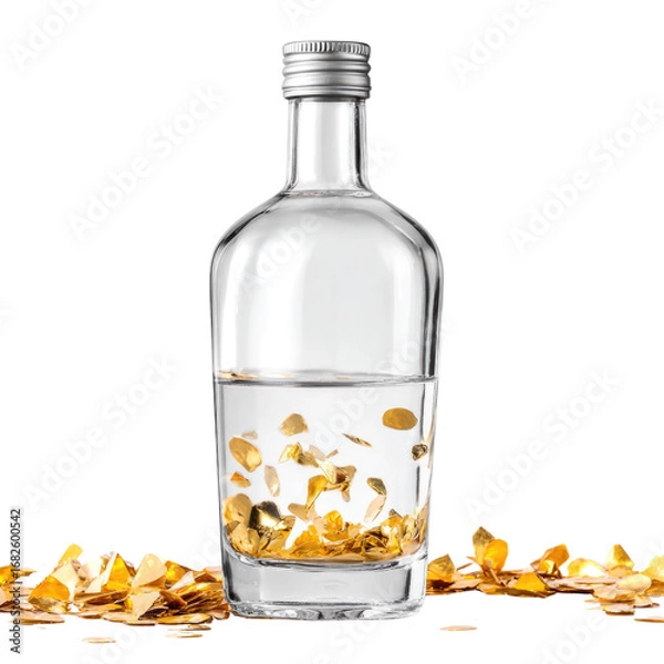 Obraz Glass Bottle with Clear Liquid and Golden Decorative Pieces on White Background