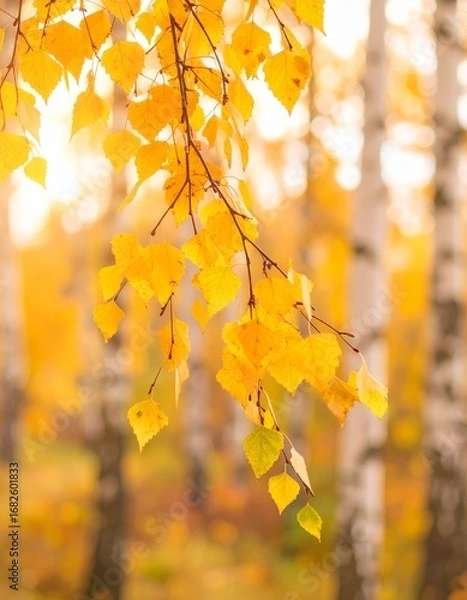 Fototapeta 黄色く色づいた白樺の枝をクローズアップで撮影した写真です。
背景は柔らかくぼけた秋の森で、季節の温かみと落ち着いた雰囲気を演出。
自然光が葉と枝を優しく照らし、秋らしい自然美を引き立てます。