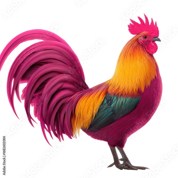 Obraz Colorful Vibrant Rooster with Plumed Feathers Displaying Bright Shades of Red, Pink, and Yellow in a Farm Setting