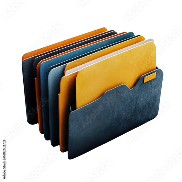 Fototapeta Organized file folders in a dark blue holder featuring yellow orange and blue files for efficient document management and office organization solutions on transparent background