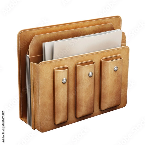 Fototapeta Stylish leather organizer with pockets and documents perfect for office organization and file management enhancing workspace aesthetics and efficiency on transparent background