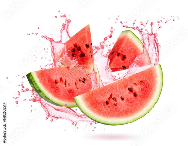 Fototapeta A fresh slice of ripe watermelon makes a big splash in pink juice, creating a dynamic liquid explosion isolated on a white background