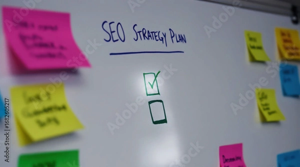 Obraz Close-up of a whiteboard checklist titled seo strategy with colorful sticky notes for planning and task management