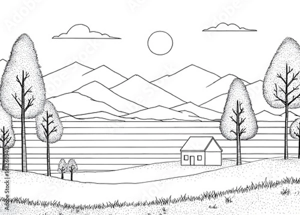 Fototapeta Tree, mountain, and a house in the distance coloring page