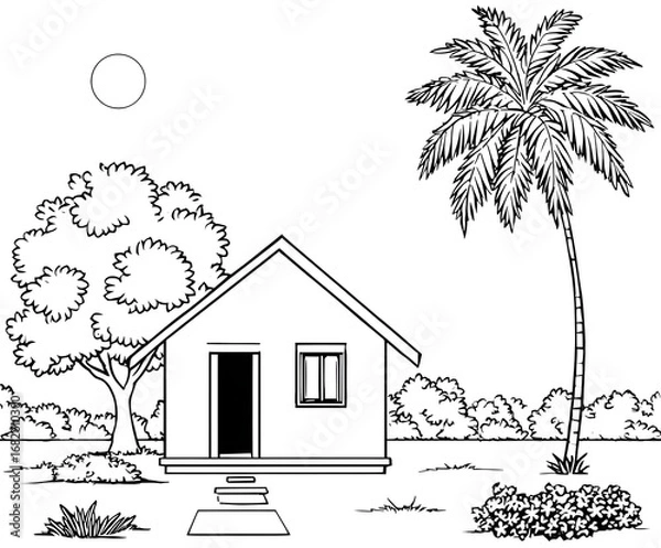 Fototapeta House with a coconut tree and garden coloring page