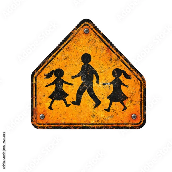 Fototapeta Weathered school crossing sign with children and adult figures a safety reminder for drivers to slow down and watch for pedestrians near schools on transparent background