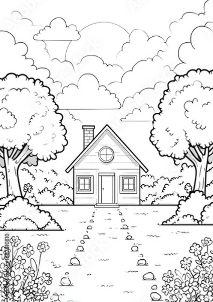 Fototapeta A house with shady trees coloring page