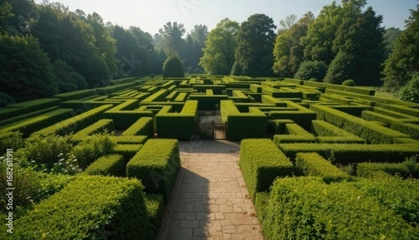 Fototapeta Elevated View of a Manicured Hedge Maze with a Gated Entrance in a Hazy Forest