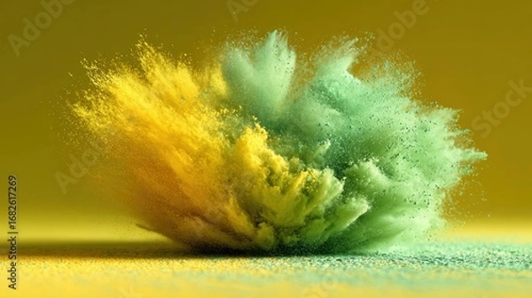 Fototapeta Bright explosion of yellow and green powder paint captured in motion on vibrant background, abstract artistic concept of dynamic color splash with energy, texture, and motion frozen in time