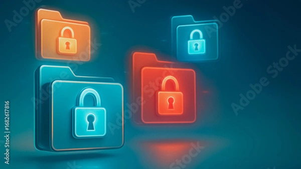 Fototapeta Data Security Illustration: A captivating illustration showcases the critical concept of digital security, with a collection of vibrant, illuminated folders each displaying a prominent padlock.
