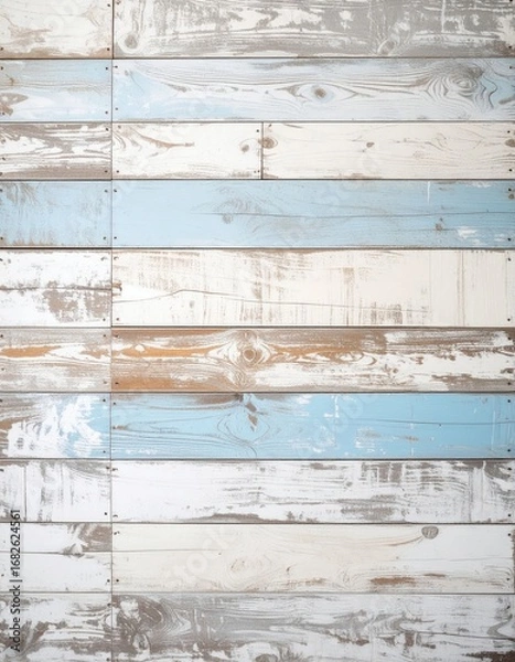 Fototapeta Rustic background of weathered wooden planks painted in alternating pastel blue and white, showing aged texture and wear
