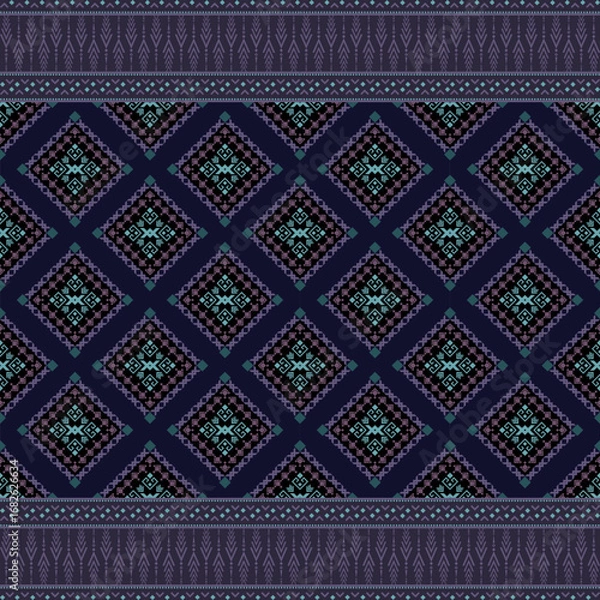 Obraz Native fabric pattern in shades of navy blue, purple, and blue-green. The main pattern in the center is a diamond pattern, layered and continuous in a long strip. It is decorated with small geometric 