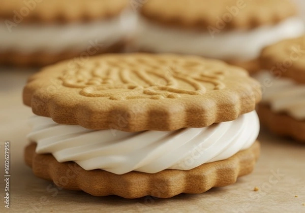 Fototapeta A close-up of a handcrafted cookie sandwich featuring golden biscuits and a generous swirl of white cream