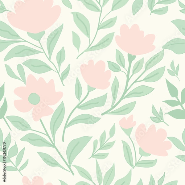 Fototapeta Seamless Pastel Floral Pattern with Green Leaves and Pink Flowers – Vector Background Design
