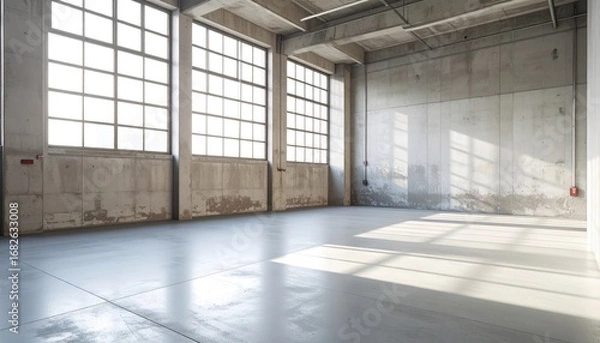 Fototapeta Bright, empty room sunlit concrete floor reflects three large windows. Raw concrete walls and ceiling. Minimal, industrial, spacious