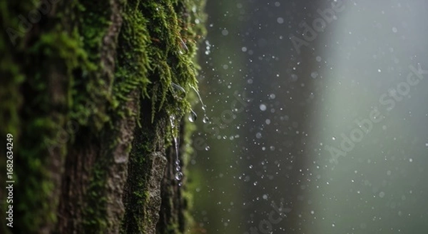 Fototapeta Close-up of moss-covered tree with water droplets in misty forest scene