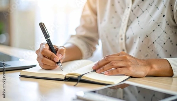 Fototapeta A person's hands are writing in a notebook with a fountain pen, a laptop & tablet nearby on a light wooden desk, bathed in soft, natural light