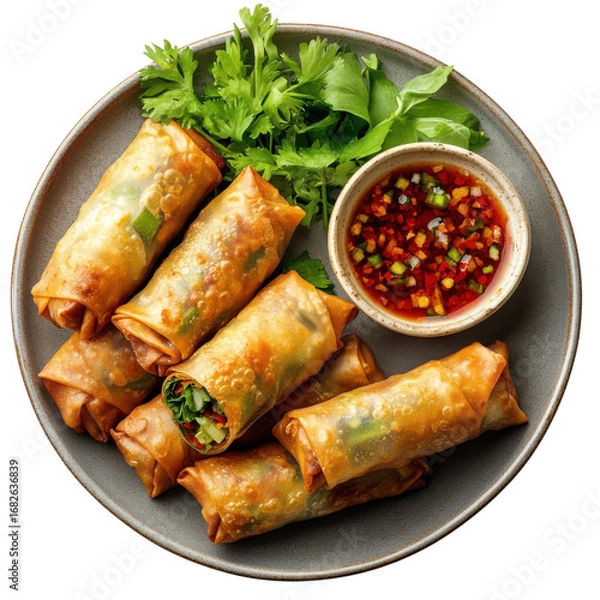 Fototapeta Crispy spring rolls with dipping sauce on a plate showcasing asian cuisine and fresh herbs perfect for appetizers or a light meal delicious food (152) on transparent background