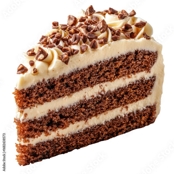 Fototapeta Delicious chocolate cake slice with creamy frosting and chocolate chips perfect for dessert and sweet treats on transparent background
