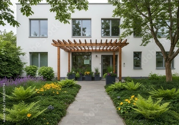 Fototapeta A modern white building with large windows and a flat roof, fronted by a landscaped garden