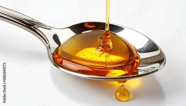 Fototapeta Golden liquid being poured into a silver spoon, forming a shiny, viscous pool. A droplet is forming at the bottom edge against a bright white background