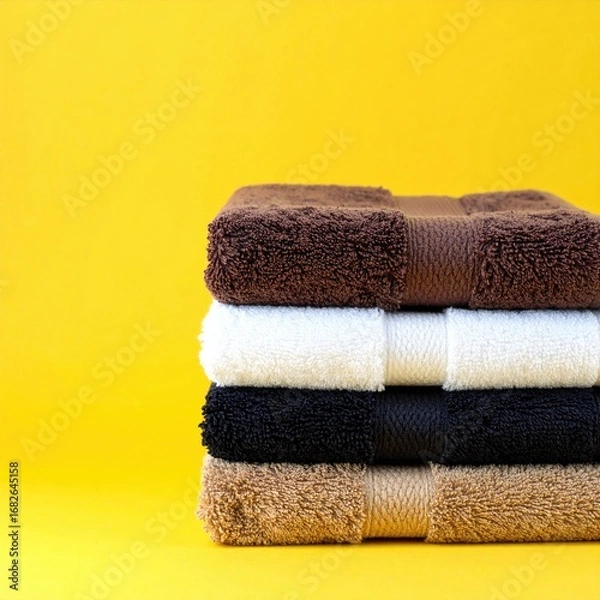 Fototapeta Stack of folded, plush towels in shades of brown, white, and black against a bright yellow backdrop. Simple, clean aesthetic