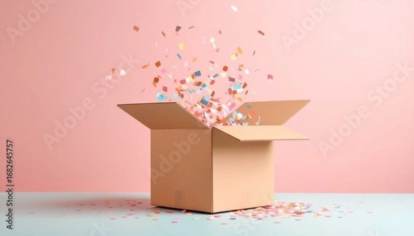 Fototapeta A tan cardboard box with open flaps sits against a pink backdrop, with a scattering of multi-colored confetti erupting from within, onto the blue surface