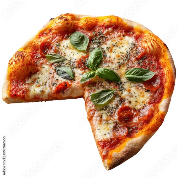 Fototapeta Delicious pepperoni pizza with fresh basil leaves mozzarella cheese and tomato sauce ready to be served and enjoyed tonight on transparent background