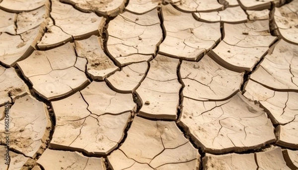 Fototapeta Arid landscape. Brown, cracked earth creates a textured surface with deep crevices in a parched, sun-baked environment showing signs of extreme dryness