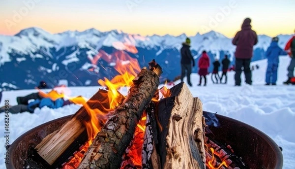 Fototapeta Burning wood in a fire pit glows warmly against a snowy landscape with silhouetted figures and distant, snow-covered mountain peaks under a colorful sunset sky