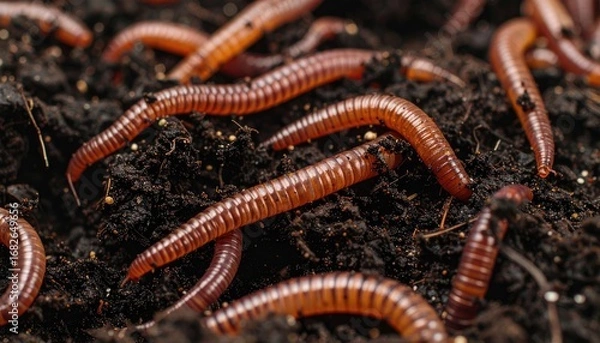 Fototapeta A cluster of reddish-brown earthworms crawls on dark, damp soil. Texture and ridges are visible, a close-up nature shot