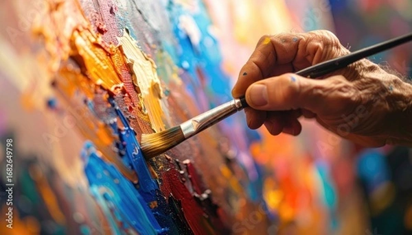 Fototapeta Close-up of an artist's hand painting a canvas with vibrant, thick strokes of blue, orange, and red paint. Brush poised, texture rich