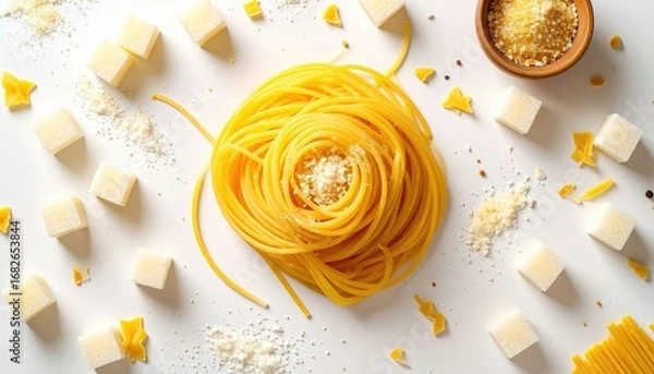 Fototapeta Overhead view of spaghetti, cube-shaped cheese, and grated cheese on a white surface. Bright and clean aesthetic for a culinary presentation