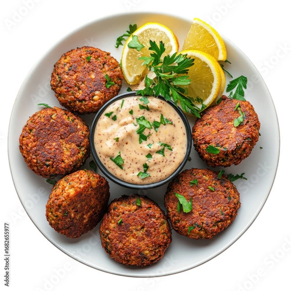 Fototapeta Delicious falafel served with creamy tahini sauce fresh lemon wedges and parsley garnish on a white plate perfect for a healthy mediterranean meal on transparent background