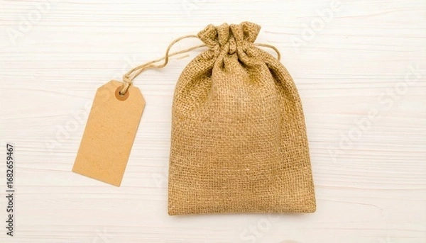 Fototapeta Burlap sack with drawstring on a light wood background accompanied by a blank tag. Natural light, neutral tones