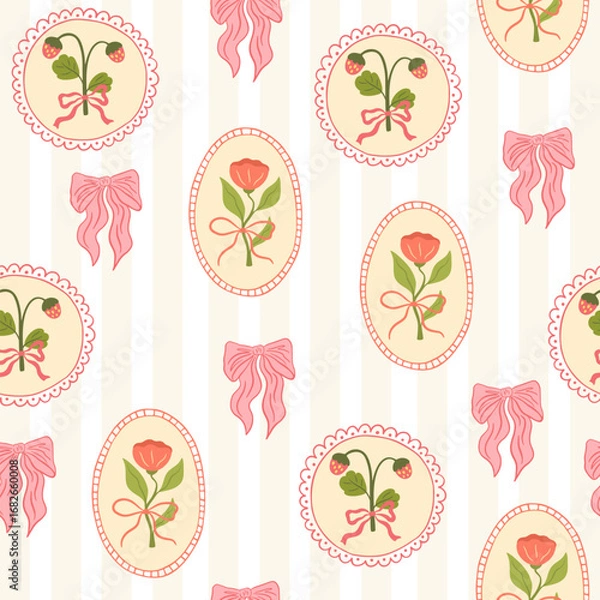 Fototapeta Coquette trellis floral seamless pattern. Preppy background with ribbon bow and flowers. Vintage design for fabric, wallpaper or wrapping paper. Vector botanical elegant trendy print